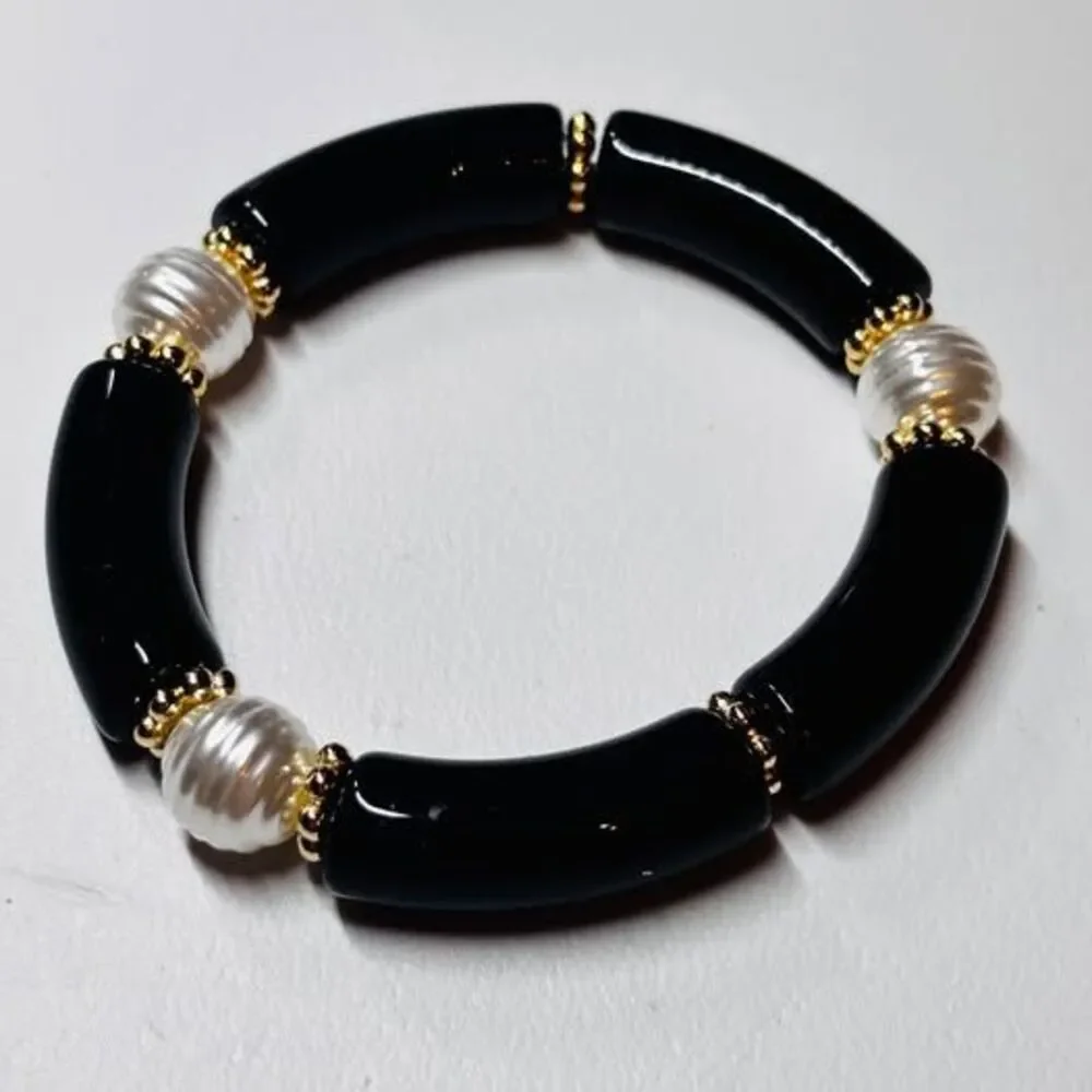 Chunky Black Acrylic Tube Bead Bracelet Stack Set | Boho Bamboo Style